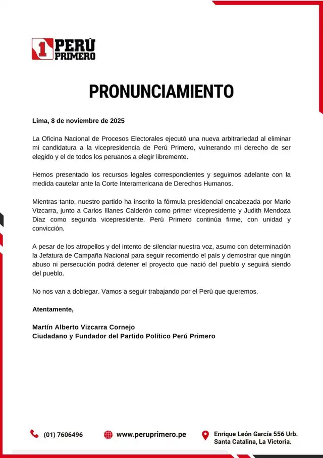  Comunicado de Perú Primero sobre eliminación de la candidatura de Martín Vizcarra. Foto: difusión   