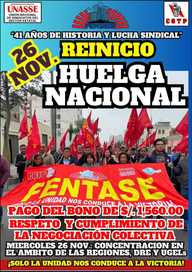 Fentase anunció que seguirán en huelga hasta el pago del bono. Foto: Fentase Fentase anunció que seguirán en huelga hasta el pago del bono. Foto: Fentase