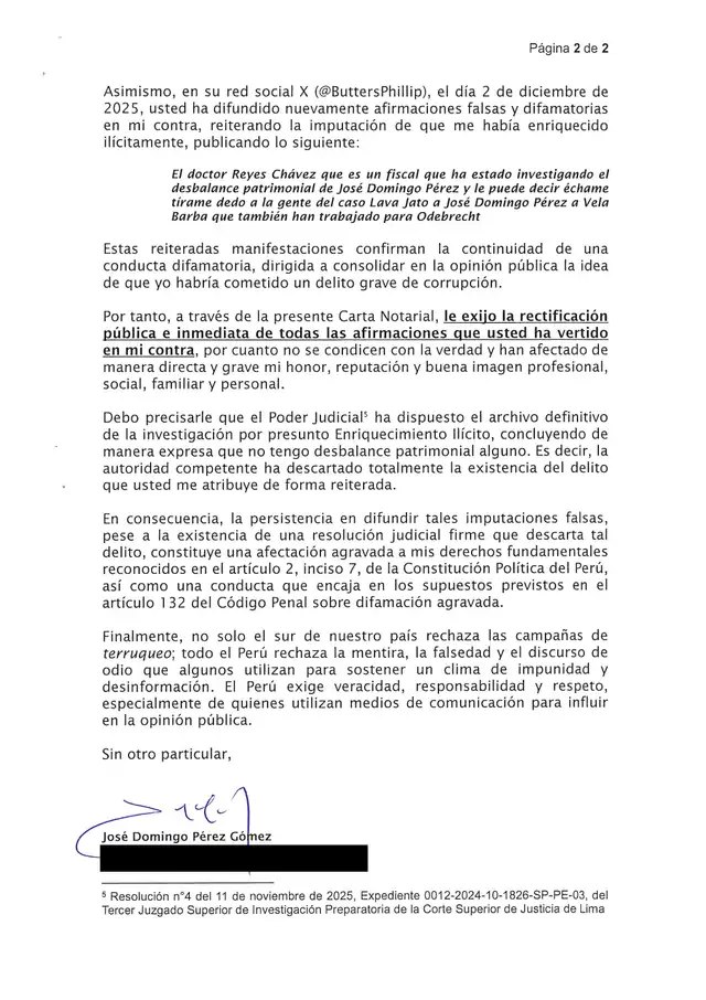 Carta notarial de José Domingo Pérez a Phillip Butters, segunda parte Carta notarial de José Domingo Pérez a Phillip Butters, segunda parte