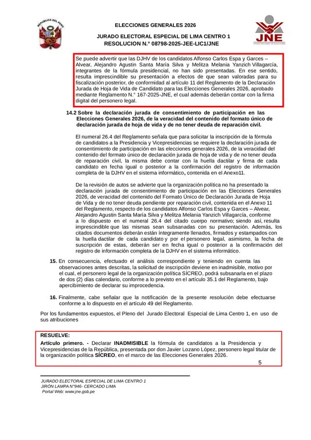  Decisión del JEE de declarar inadmisible candidatura de Carlos Espá.   