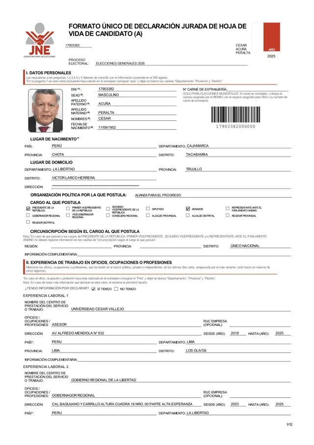  Hoja de vida del candidado a la presidencia por Alianza para el Progreso, César Acuña, para las elecciones 2026.   