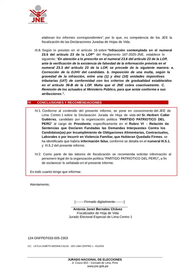 Conclusiones del informe de fiscalización del JEE Lima Centro 1 Conclusiones del informe de fiscalización del JEE Lima Centro 1