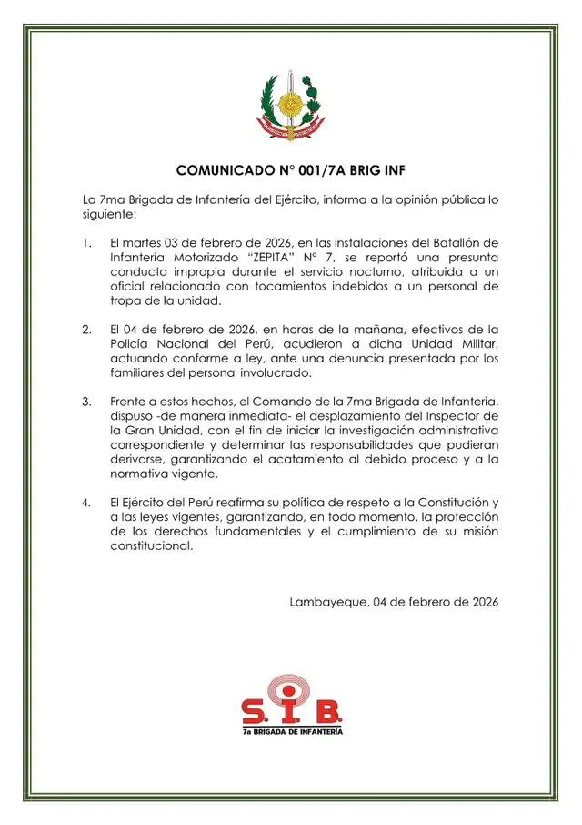  Las Fuerzas Armadas comunicaron el inicio de una investigación administrativa contra García Paredes. Foto: Comunicado Ejército.   