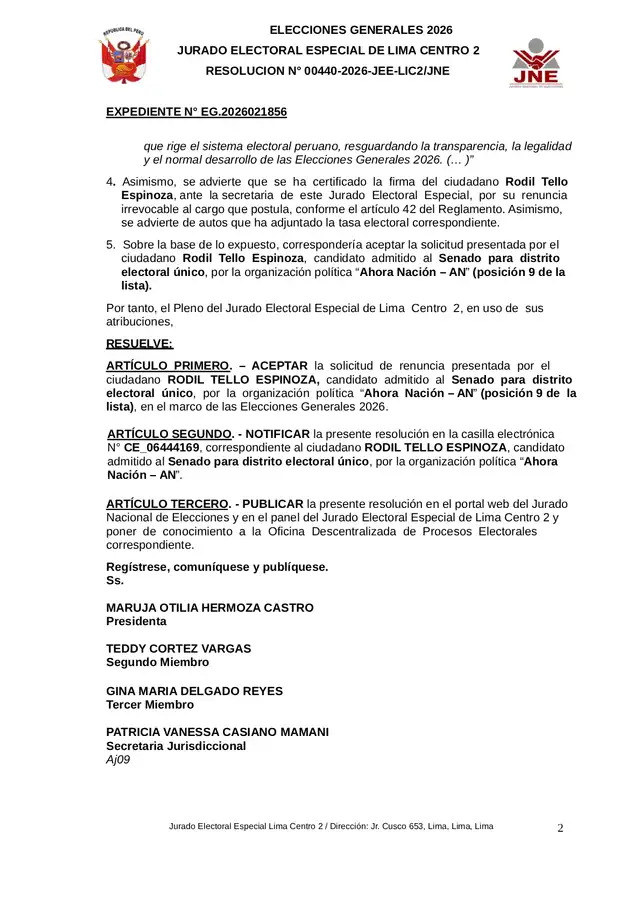  JEE aceptó renuncia de Rodil Tello Espinoza 