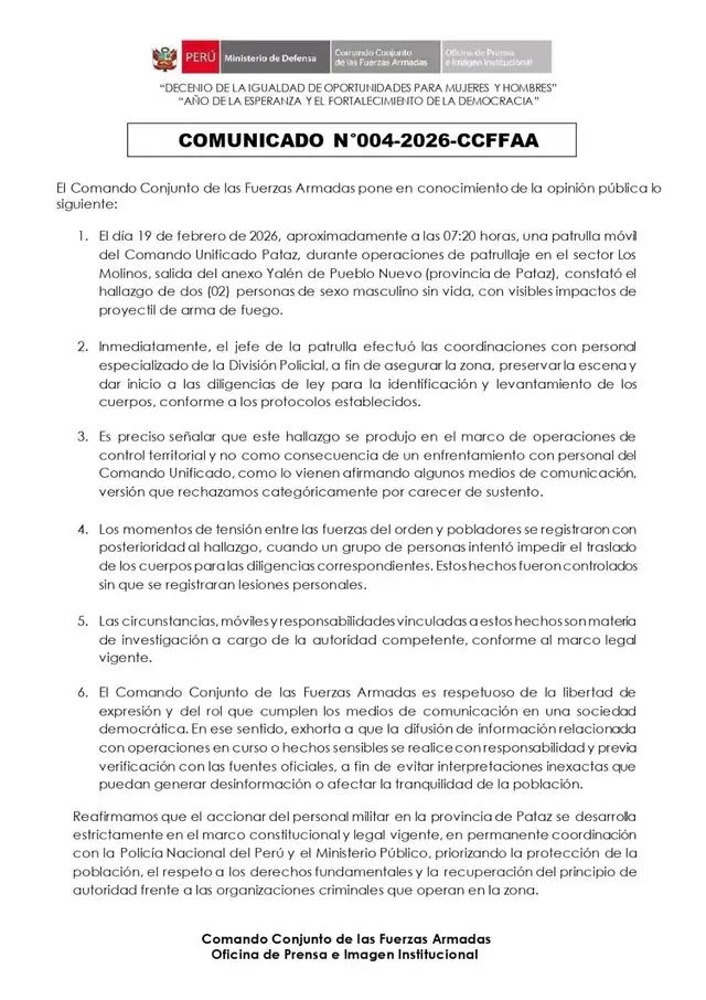  Comunicado de las FF.AA. sobre lo ocurrido en Pataz.    