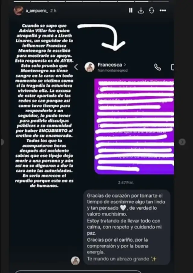 Respuesta de Francesca Montenegro. Foto: Instagram   