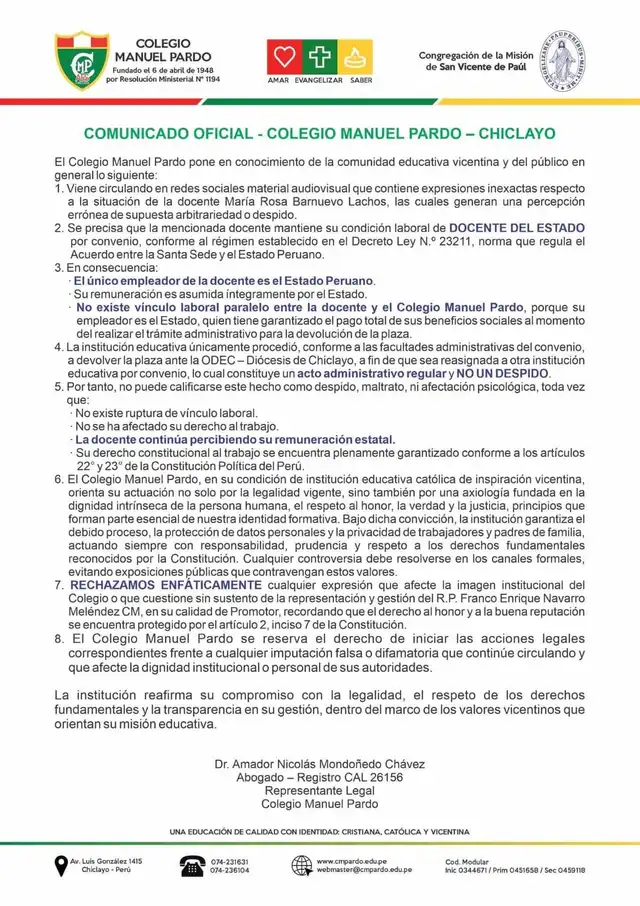 Institución negó que se trate de un despido a través de un comunicado. Foto: Difusión Institución negó que se trate de un despido a través de un comunicado. Foto: Difusión