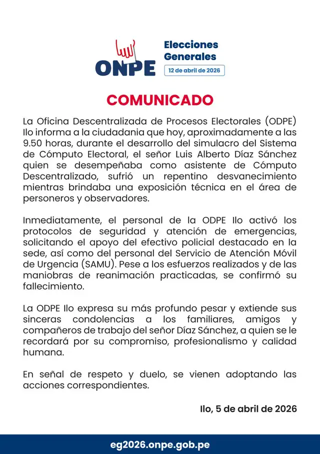 Comunicado de la ONPE sobre el fallecimiento de un asistente en Moquegua.