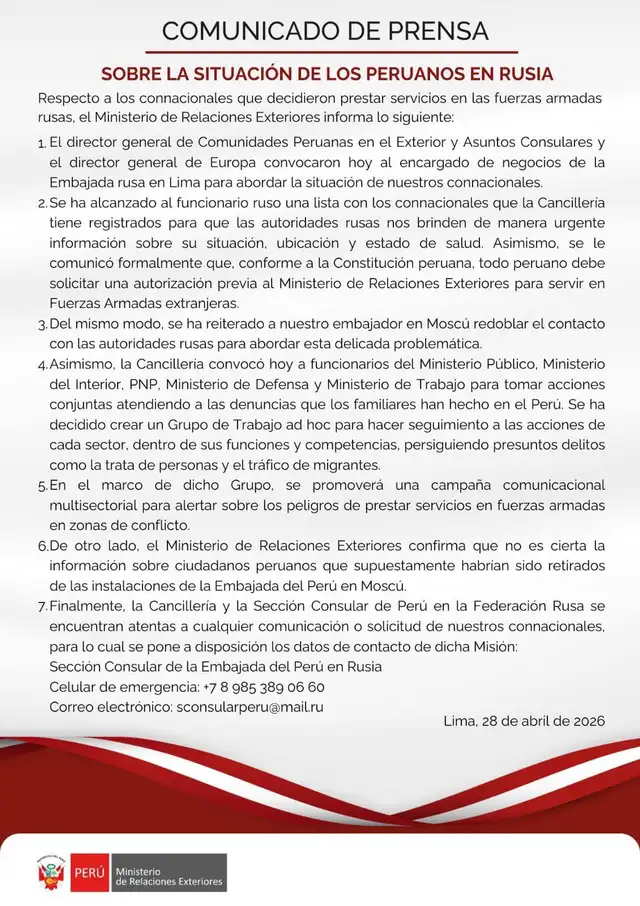 Comunicado de la Cancillería en Perú