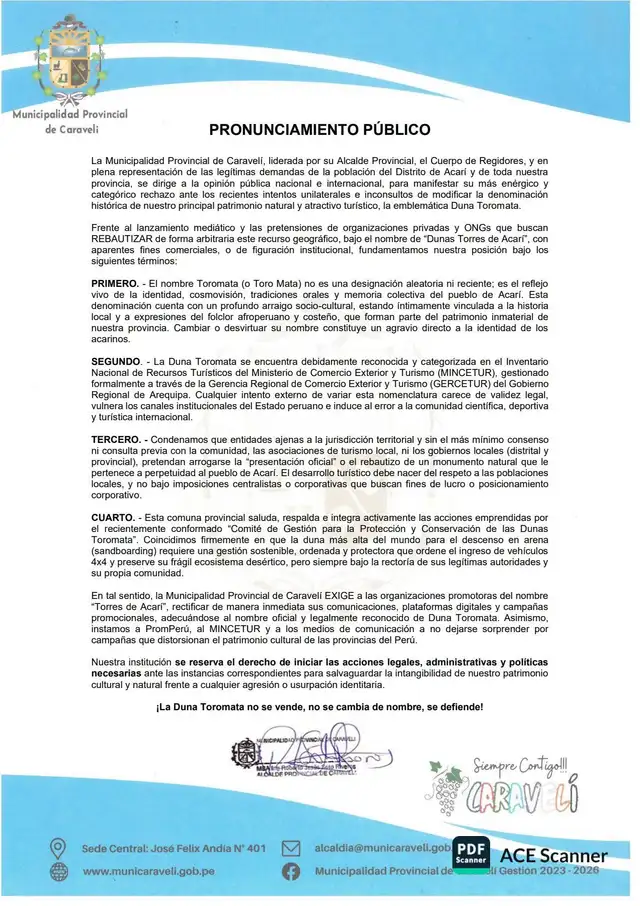 Comunicado de la Municipalidad Provincial de Caravelí.
