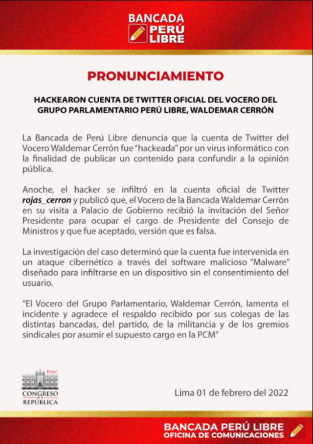 Bancada de Perú Libre respaldó versión de que cuenta de Twitter de Waldemar Cerrón fue hackeada. Foto: Captura Twitter