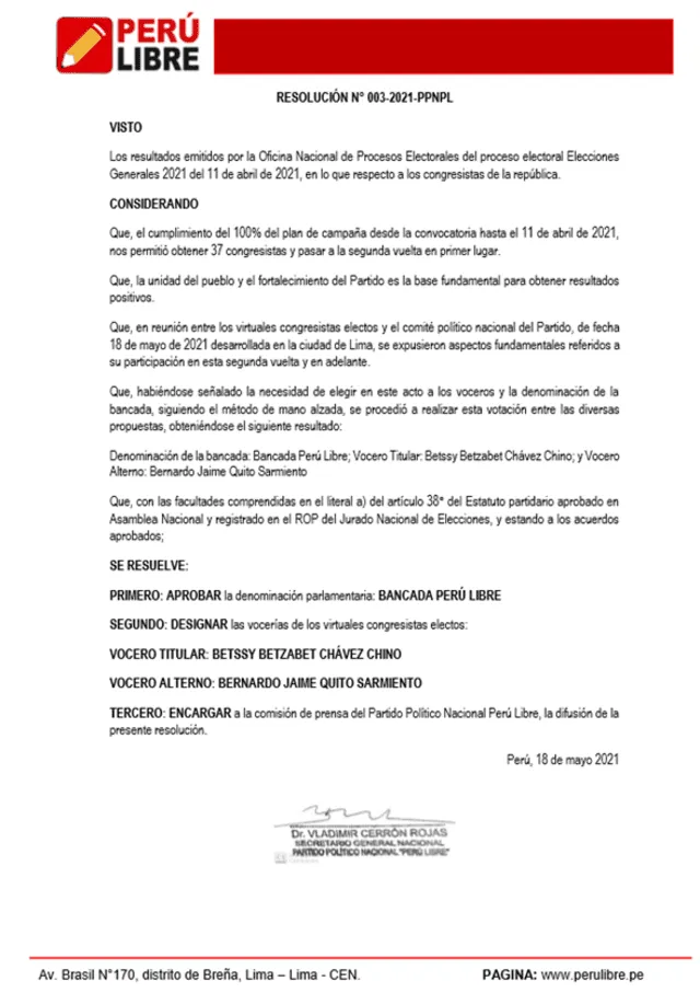 Comunicado sobre voceros de Perú Libre. Foto: captura Twitter