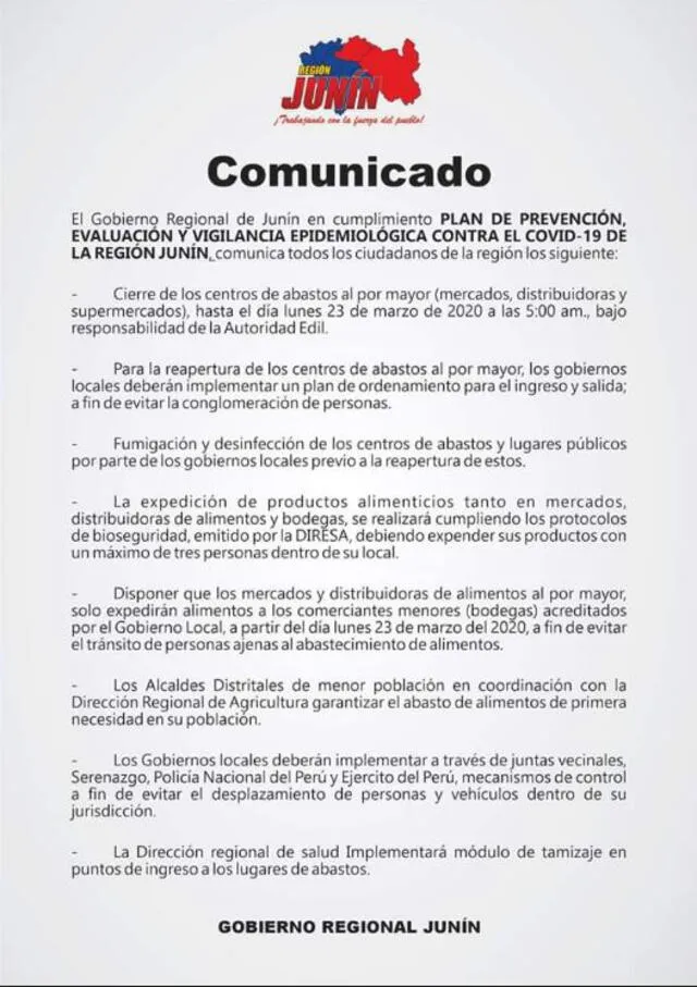 Comunicado del Gobierno Regional de Junín.