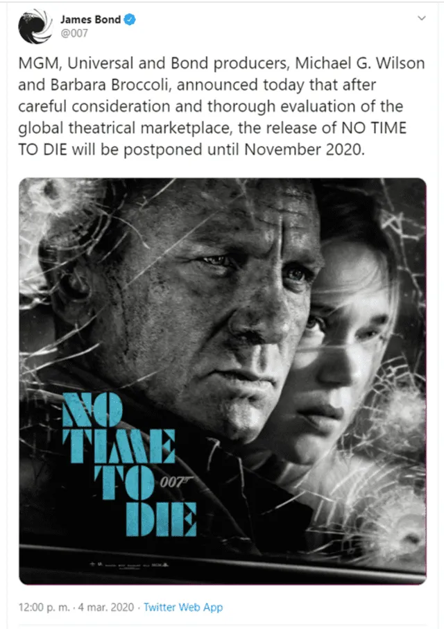 Productores de James Bond: To Time to Die anunciaron en redes la postergación del estreno.