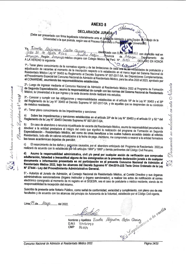 La página de la declaración jurada que Castro Quiroz adjuntó por primera vez. En ningún caso el documento, con el sello de la notaría, sería “ilegal“. Foto: captura.
