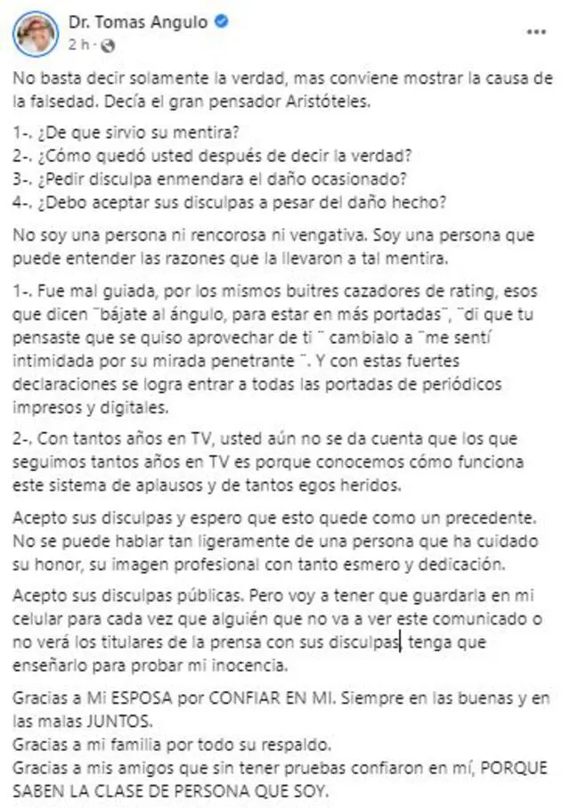 Tomás Angulo acepta disculpas de Giuliana Rengifo. Foto: Tomás Angulo/Facebook