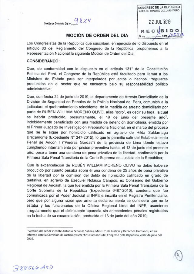 Segunda moción de interpelación de Yeni Vilcatoma contra Vicente Zeballos.