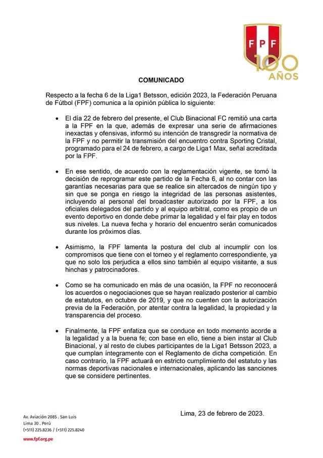 Comunicado de la FPF. Foto: FPF   