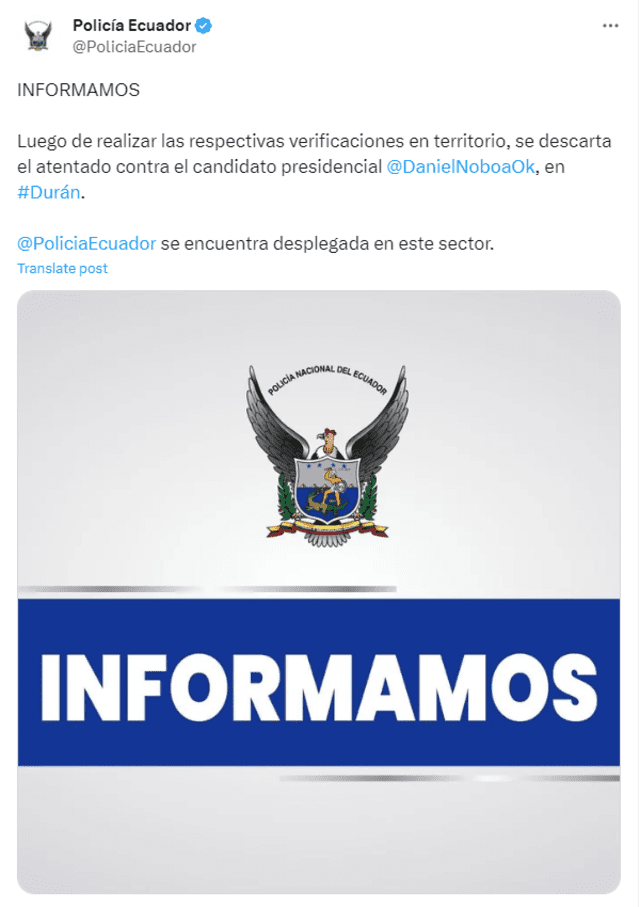 Policía Nacional de Ecuador asegura que no hubo atentado contra Daniel Noboa. Foto: Policía de Ecuador/Twitter   