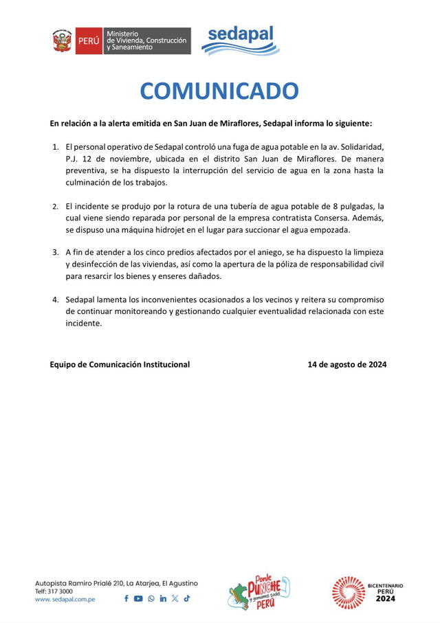 Comunicado de Sedapal por rotura de tubería. Foto; Sedapal   