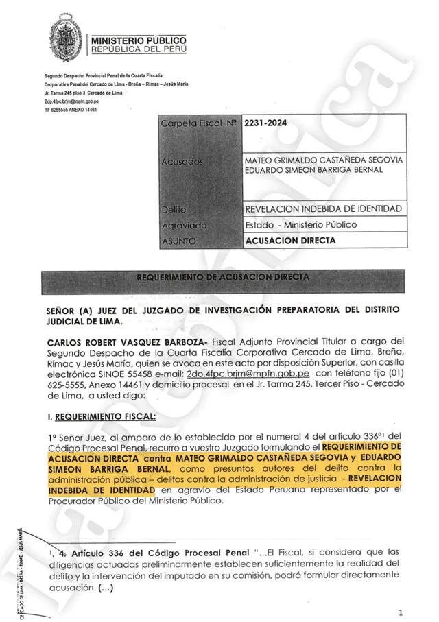  Fiscalía pide 4 años de prisión contra Mateo Castañeda, exabogado de Dina Boluarte, por revelar identidad de un testigo protegido del caso Los Waykis en la Sombra.   