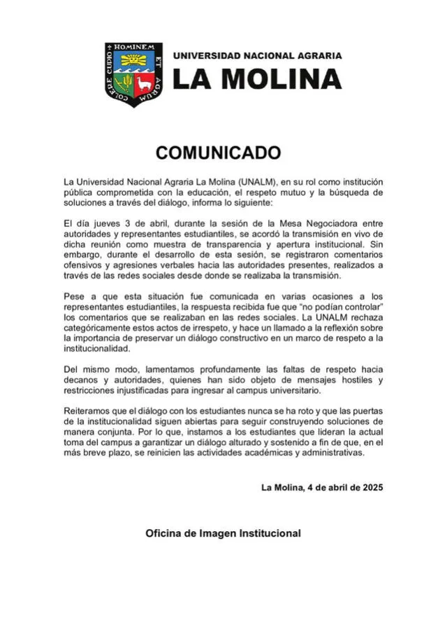 La UNALM suspendió sus clases de pregrado tras la toma del campus por sus estudiantes. La UNALM suspendió sus clases de pregrado tras la toma del campus por sus estudiantes.