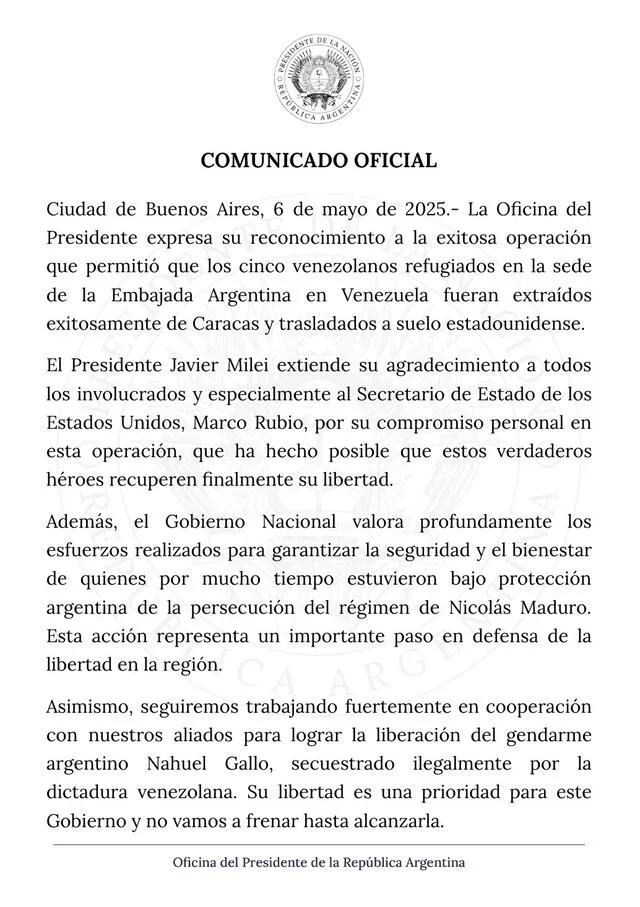 La Oficina del Presidente de Argentina emitió un comunicado tras el rescate de los rehenes venezolanos. Foto: X/Oficina del Presidente. La Oficina del Presidente de Argentina emitió un comunicado tras el rescate de los rehenes venezolanos. Foto: X/Oficina del Presidente.