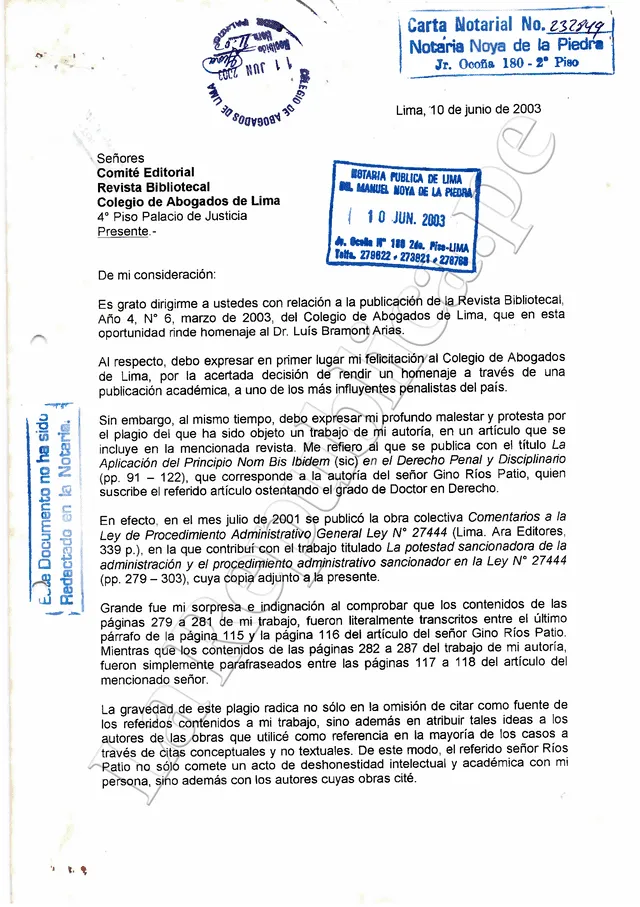 Carta notarial al CAL por artículo de Gino Ríos. Carta notarial al CAL por artículo de Gino Ríos.