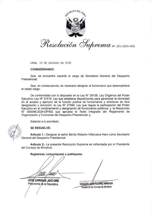  Nombramiento de Villanueva como secretario general. Lleva la firma de Jerí y el primer ministro Ernesto Álvarez. 