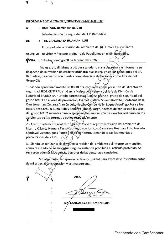  Informe concluye que no se encontró nada prohibido en la celda de Ollanta Humala   