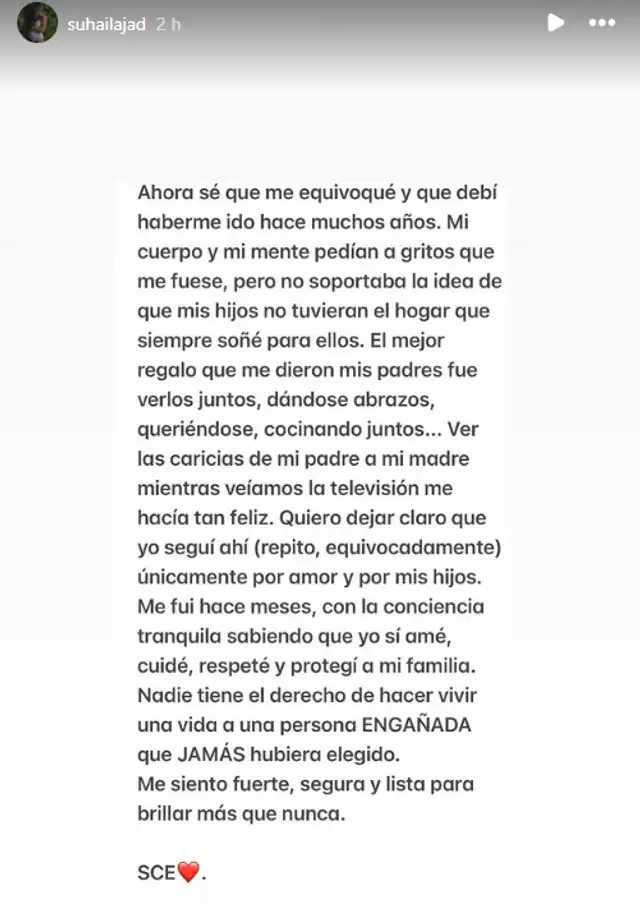 Comunicado 2 de Suhaila Jad anunciando su separación con André Carrillo. Foto: Instagram.  