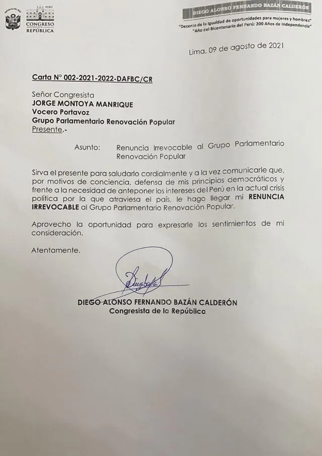 Renuncia de Diego Bazán a Renovación Popular.