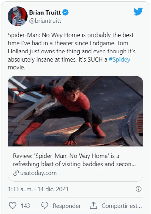 El periodista de USA Today, Brian Truitt, comparó Spider-Man: no way home con Avengers: endgame. Foto: captura Twitter