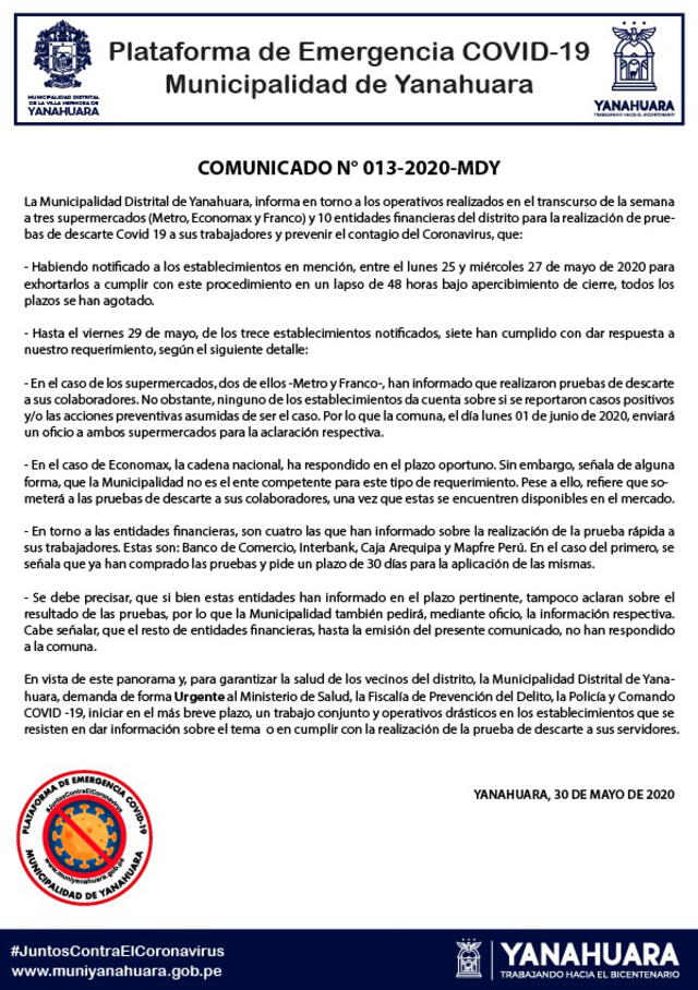 Comunicado Municipalidad Distrital de Yanahuara.