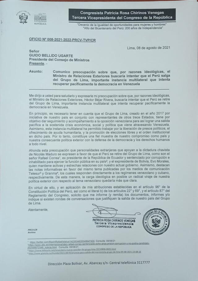 Patricia Chirinos envía carta a Guido Bellido pidiendo que expliquen posible salida del Grupo de Lima. Foto: difusión