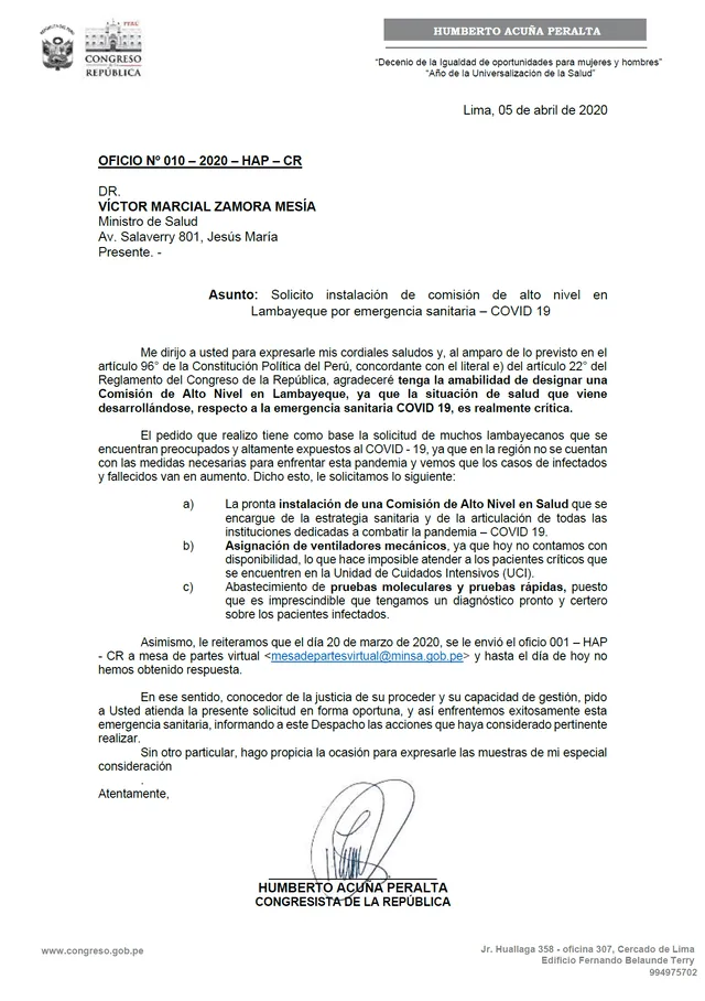 Humberto Acuña elevó pedido al ministro de Salud.