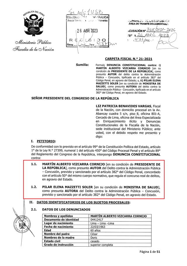  Ayer por la tarde, la fiscal de la Nación envió al Congreso la denuncia contra Vizcarra y Mazzetti.   