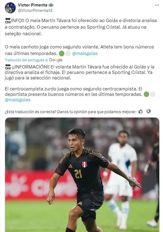 Martín Távara nunca ha jugado fuera del Perú a nivel de clubes. Foto: captura de Víctor Pimenta/X   