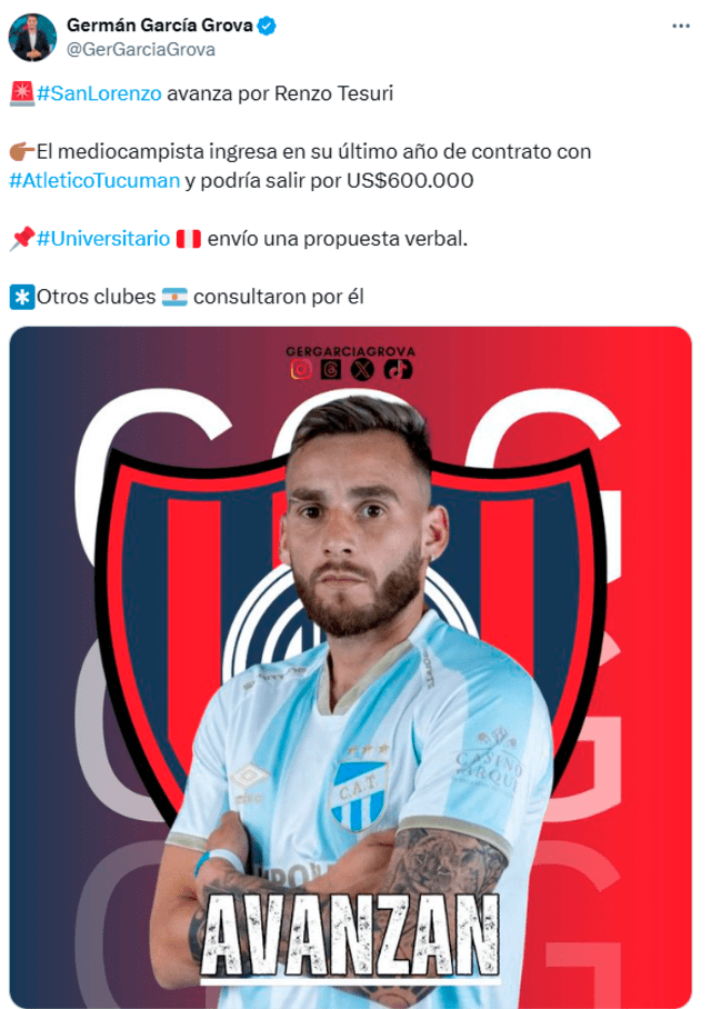  San Lorenzo cuenta con más chances de fichar a Renzo Tesuri. Foto: capptura de Twitter/Germán García Grova.   