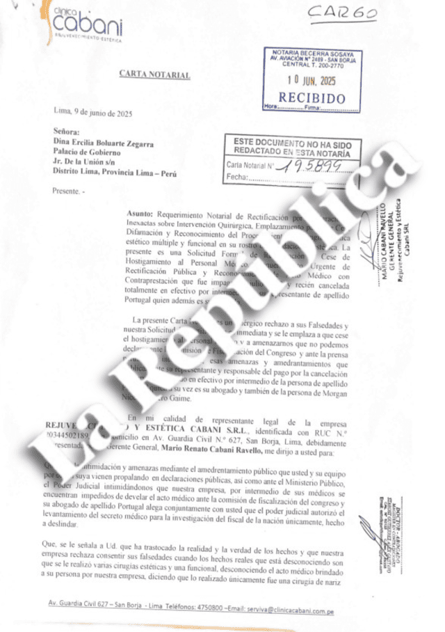 Carta notarial del médico Mario Cabani enviada a la mandataria, Dina Boluarte. Cabani ha denunciado una presunta serie de intimidaciones hechas por personas cercanas a Boluarte. Carta notarial del médico Mario Cabani enviada a la mandataria, Dina Boluarte. Cabani ha denunciado una presunta serie de intimidaciones hechas por personas cercanas a Boluarte.