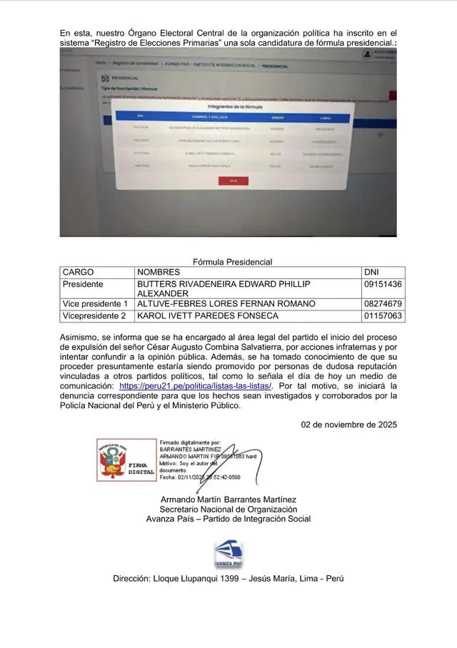 Documento donde se oficializará que la candidatura de Phillip Butters sería la única de Avanza País, debido a que se expulsó a César Combina del partido.| Fuente: difusión. 