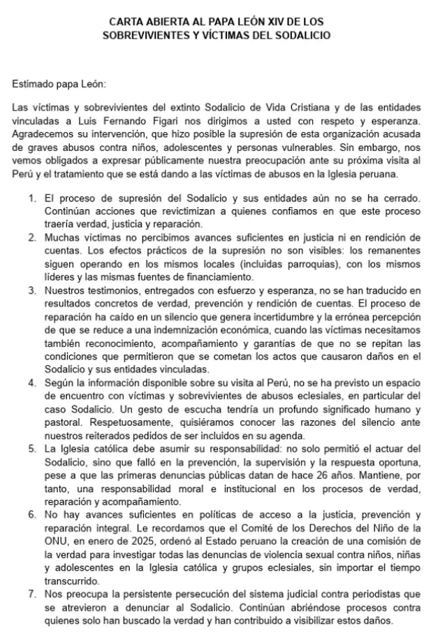 Carta abierta enviada al papa León XIV.