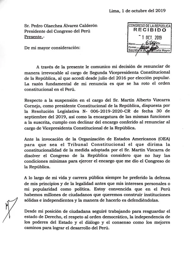 Carta de Mercedes Aráoz con su renuncia. Foto: Twitter Mercedes Aráoz.