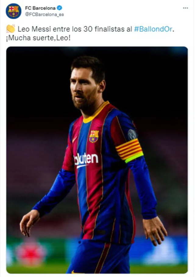 Barcelona saludó la presencia de Lionel Messi entre los 30 nominados del Balón de Oro. Foto: @barcelona_es