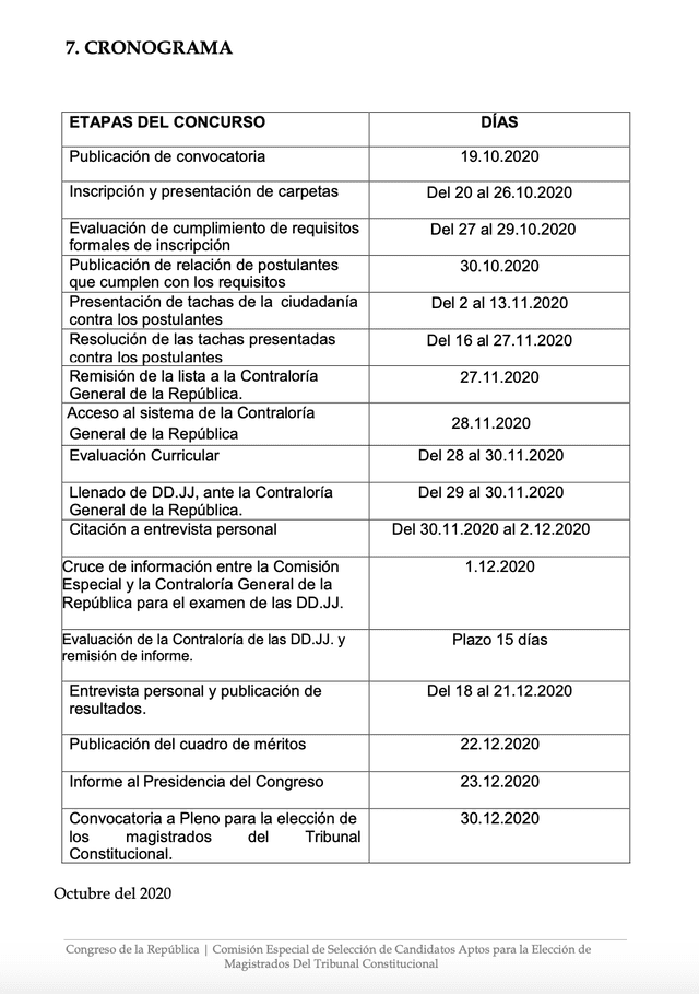 Cronograma de la Comisión Especial que elegirá candidatos a magistrados del TC. Foto: Captura Plan de Trabajo.