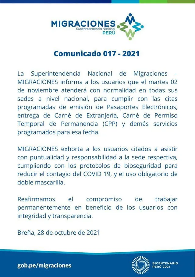 Pronunciamiento de Migraciones. Foto: Twitter