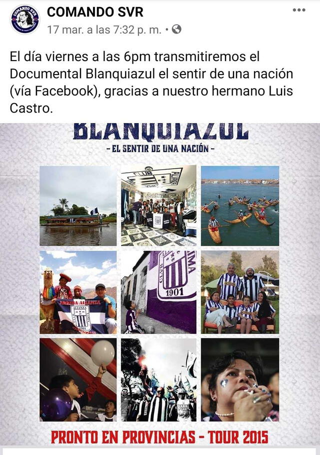 Alianza Lima: Comando Sur transmitirá documental Blanquiazul