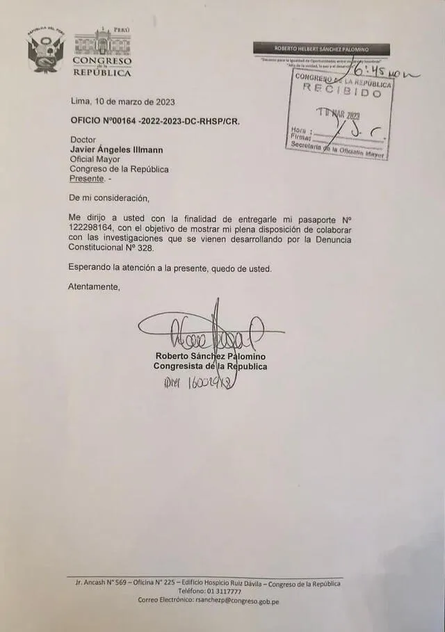 Oficio de Roberto Sánchez enviado al Legislativo. Foto: documento   