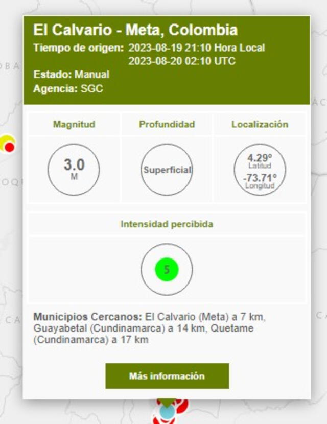 Último sismo en Colombia. Foto: SGC   