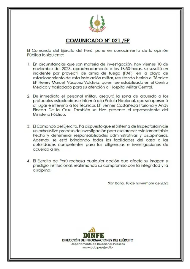 Comunicado tras el suceso en el Pentagonito. Foto: Ejército   